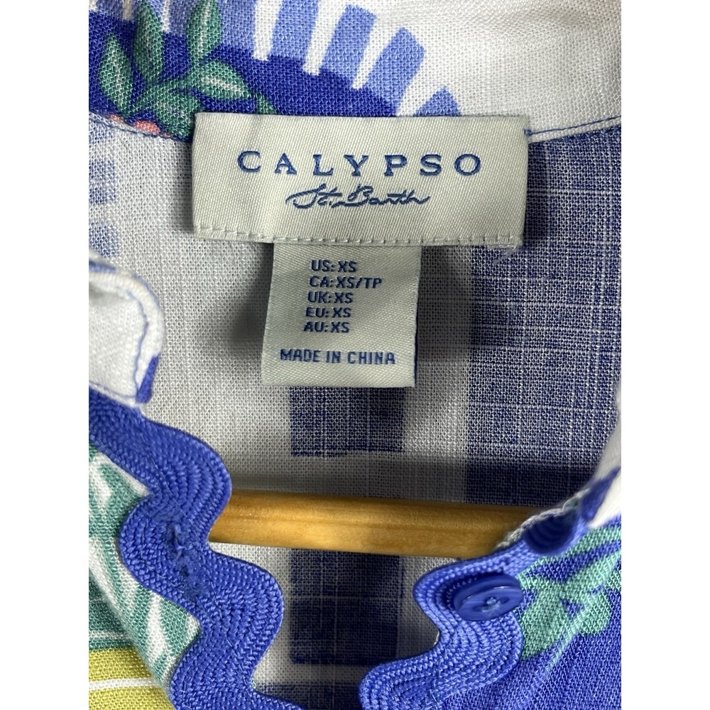 Calypso St Barth XS Linen Blend Ric Rac Trim Button Front Top Blue Print - Picture 5 of 10